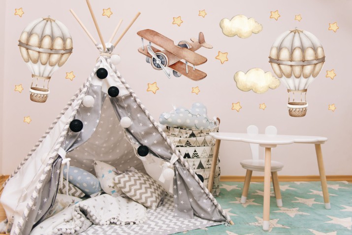Naklejka dziecięca ścienna- Beżowe balony | Dekoracja do pokoju dziecka retro, boho | Naklejki na ścianę dla chłopca, niemowlaka T22095