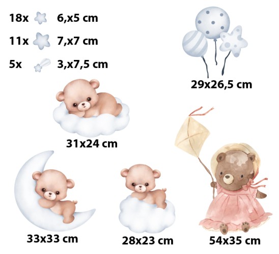 Naklejka ścienna- Śpiące Misie, gwiazdki i chmurki | Urocza dekoracja do dziecięcej sypialni | Baśniowe naklejki dla dzieci T42015 - zdjęcie 3