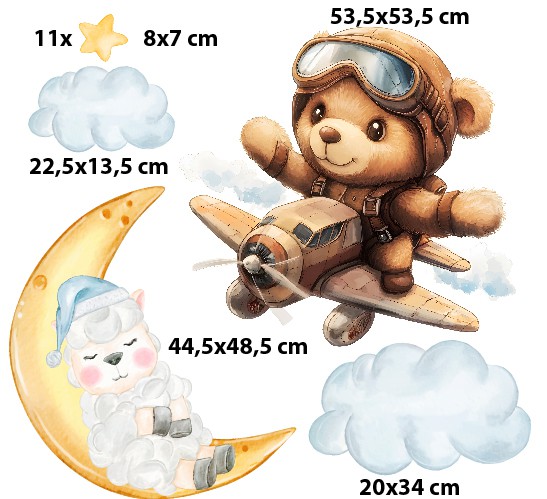 Naklejka ścienna- Brązowy Miś Pilot w samolocie, gwiazdki i księżyc | Dekoracyjne naklejki do pokoju niemowlaka | Piękna ozdoba na ścianę T42009 - zdjęcie 2