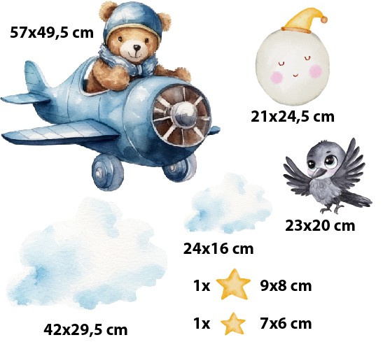 Naklejka ścienna- Miś w samolocie, Nocne Niebo | Dekoracyjne Bajkowe naklejki dziecięce | Ozdoba do sypialni niemowlaka T42017 - zdjęcie 2