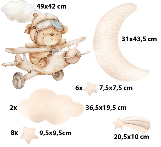 Naklejka ścienna- Beżowy Miś w samolocie | Bajkowa ozdoba na ścianę do pokoju niemowlaka | Kremowe Naklejki dziecięce T42006 - zdjęcie 2