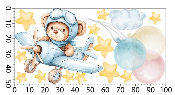 Naklejka ścienna- Miś w samolocie, gwiazdki i balony | Kolorowa dekoracja do pokoju dziecięcego | Pastelowe naklejki na ścianę T42008 - zdjęcie 2