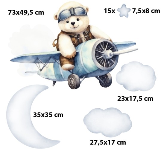 Naklejka ścienna- Miś Polarny w samolocie, gwiazdki i księżyc | Dekoracyjne naklejki dziecięce w bieli i błękicie T42014 - zdjęcie 2