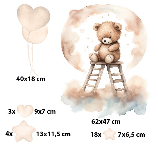 Naklejka ścienna- Beżowa dekoracja do pokoju dziecka | Urocze Obrazki na ścianę- Pluszowy Miś, Gwiazdki i Balony T42019 - zdjęcie 2