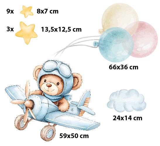Naklejka ścienna- Miś w samolocie, gwiazdki i balony | Kolorowa dekoracja do pokoju dziecięcego | Pastelowe naklejki na ścianę T42008 - zdjęcie 3