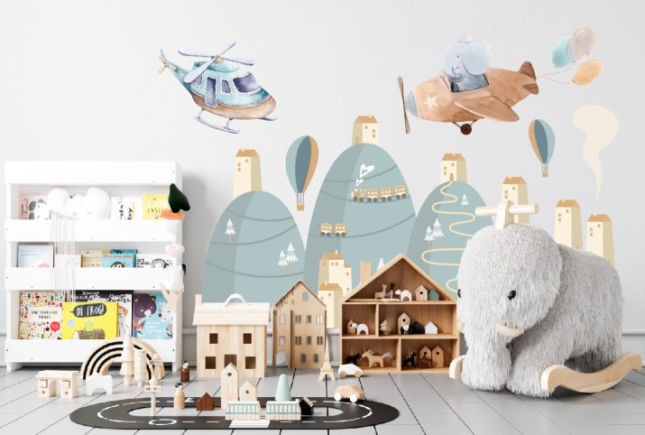 Naklejki na Ścianę – Magiczny Lot! Samolot, Helikopter i Balony nad Bajkowymi Wzgórzami | Ozdoba do Pokoju Dziecięcego T42047