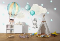 Naklejki ścienne dla dzieci – Króliczek i Balony | Urocza Pastelowa Dekoracja, Błękitne gwiazdki | Ozdoba do przedszkola, żłobka, sypialni dziecka T42049 Naklejkomania - zdjecie 1 - miniatura