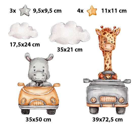 Naklejki na ścianę do pokoju dziecka | Bajkowe zwierzaki w samochodzikach |  Dekoracja dla chłopca T42034 - zdjęcie 2