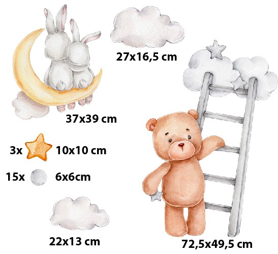 Urocza naklejka na ścianę dla dzieci – piękna dekoracja do pokoju niemowlaka | Bajkowy miś i króliczki- pastelowe obrazki T42031 - zdjęcie 2