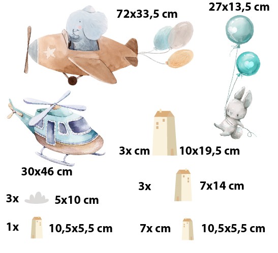 Dziecięce Naklejki na Ścianę – Urocze Zwierzątka w Powietrzu | Samolot, Helikopter i Króliczek z Balonami | Dekoracja do Pokoju Chłopca T42046 - zdjęcie 2