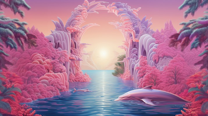 Fototapeta Fantasy – Bajkowy Świat Delfinów | Różowy Pejzaż | Dekoracja do salonu, sypialni, pokoju dziecka 81495 - zdjęcie 2