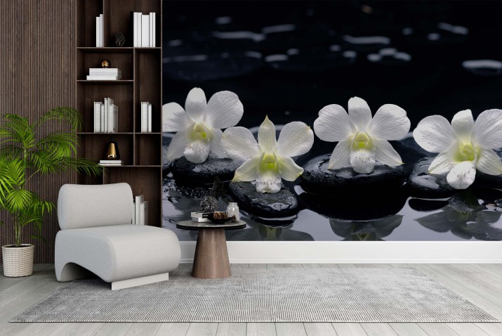 Fototapeta cztery białe orchidee z kamieniami i mokrym tłem 81415