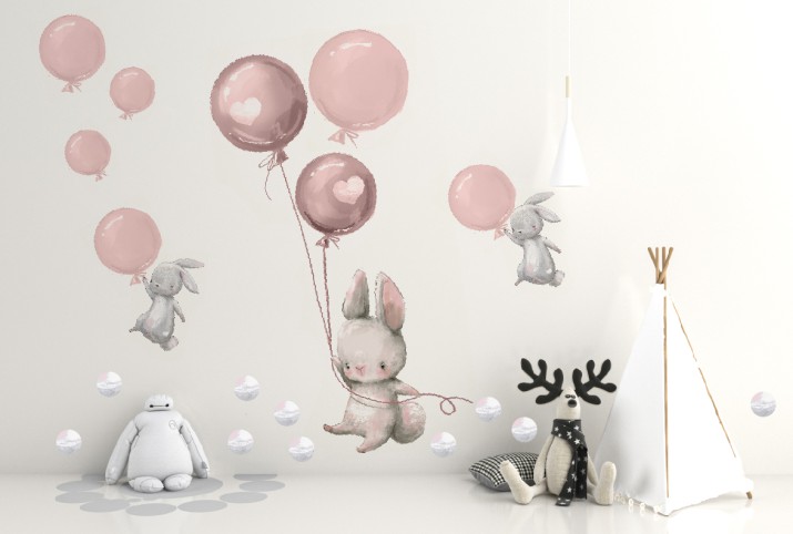 Naklejka na Ścianę do Pokoju Dziecka – Króliczki, Balony i Pastelowe Kropki | Śliczna Dekoracja do Żłobka, Przedszkola T42043