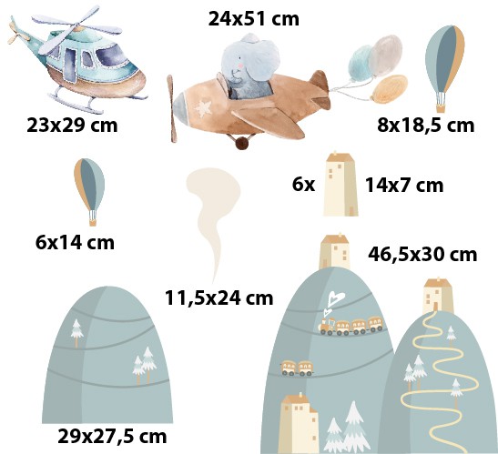 Naklejki na Ścianę – Magiczny Lot! Samolot, Helikopter i Balony nad Bajkowymi Wzgórzami | Ozdoba do Pokoju Dziecięcego T42047 - zdjęcie 2