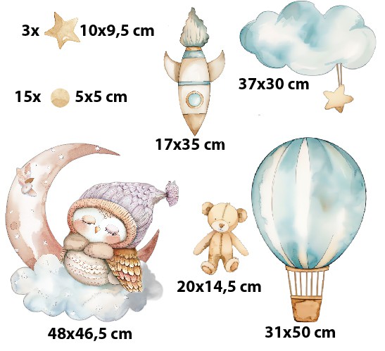 Akwarelowa Ozdoba dla dziecka- Sówka, balon i rakieta | Pastelowe Naklejki do pokoju niemowlaka w stylu skandynawskim, boho T42062 - zdjęcie 2