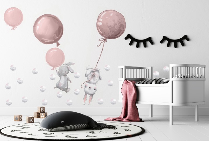 Dekoracyjna Naklejka na Ścianę – Króliczki i Różowe Balony | Pastelowa Ozdoba do Pokoju Malucha | Naklejki Dziecięce T42042 - zdjęcie 4