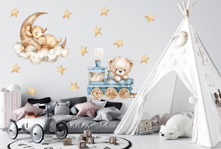 Beżowe Naklejki na ścianę- Miś w pociągu i śpiąca kaczuszka | Dziecięce obrazki do pokoju niemowlaka T42060 - zdjęcie 4