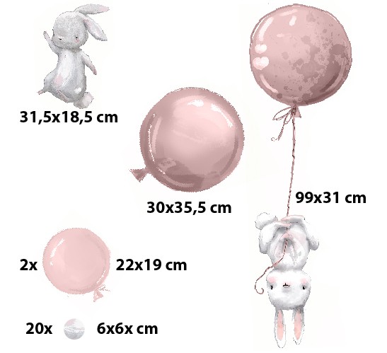 Dekoracyjna Naklejka na Ścianę – Króliczki i Różowe Balony | Pastelowa Ozdoba do Pokoju Malucha | Naklejki Dziecięce T42042 - zdjęcie 2