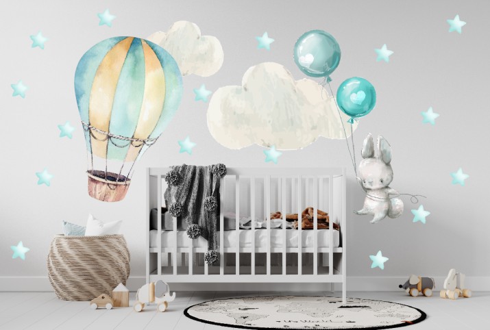 Naklejki ścienne dla dzieci – Króliczek i Balony | Urocza Pastelowa Dekoracja, Błękitne gwiazdki | Ozdoba do przedszkola, żłobka, sypialni dziecka T42049 - zdjęcie 5