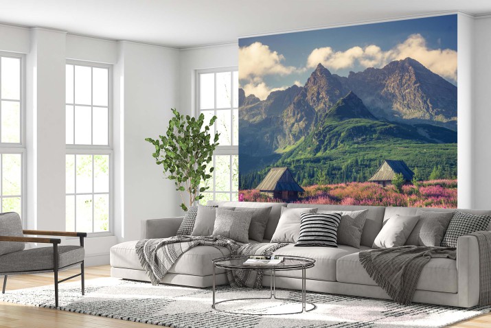 Fototapeta  Tatry, krajobraz Polski, kolorowe kwiaty i domki w dolinie Gąsienicowej (Hala Gąsienicowa), lato 81424