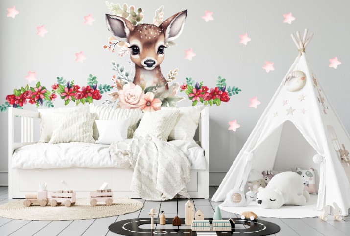 Naklejka ścienna- Urocza Sarenka w Kwiatach | Dziecięce naklejki na ścianę w stylu boho | Leśny motyw do pokoju dziecka, przedszkola T42025 - zdjęcie 5