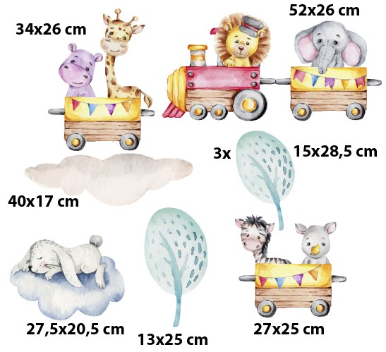 Dekoracja Ścienna – Uroczy Pociąg ze Zwierzątkami | Naklejki dla dzieci- Hipopotam, Żyrafa, Słoń i Zebra | Pastelowe Kolory do Pokoju Malucha T42050 - zdjęcie 2
