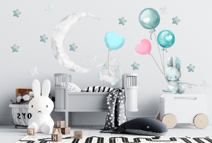 Naklejka ścienna – króliczki z balonami i księżyc, pastelowa ozdoba do przedszkola, sali zabaw T42037 - zdjęcie 4