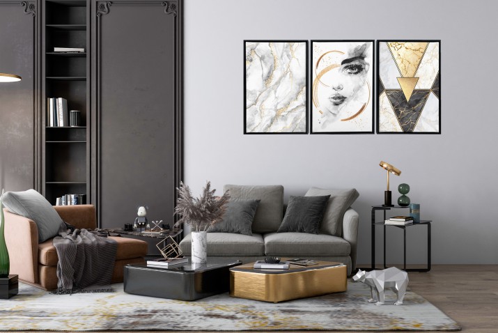 Obrazy w Ramie American Box | Elegancki Tryptyk na płótnie – Abstrakcja, Portret w złocie  | Dekoracja w stylu Glamour R20345 - zdjęcie 10