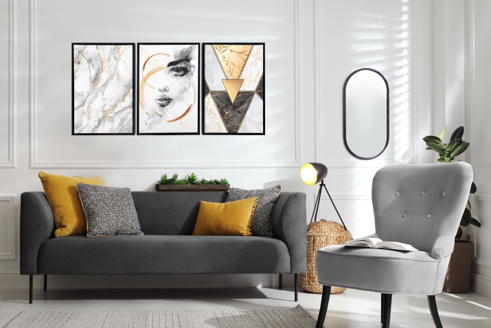 Obrazy w Ramie American Box | Elegancki Tryptyk na płótnie – Abstrakcja, Portret w złocie  | Dekoracja w stylu Glamour R20345 - zdjęcie 9