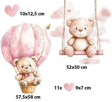 Naklejka do pokoju dziecięcego – pluszowe misie i serduszka | Pastelowa dekoracja dla dziewczynki T42030 - zdjęcie 3