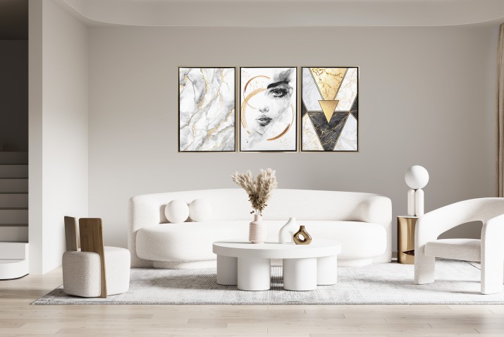 WYPRZEDAŻ 64x140 Obrazy w Ramie American Box Złota | Elegancki Tryptyk na płótnie – Abstrakcja, Portret w złocie  | Dekoracja w stylu Glamour R20345 - zdjęcie 5