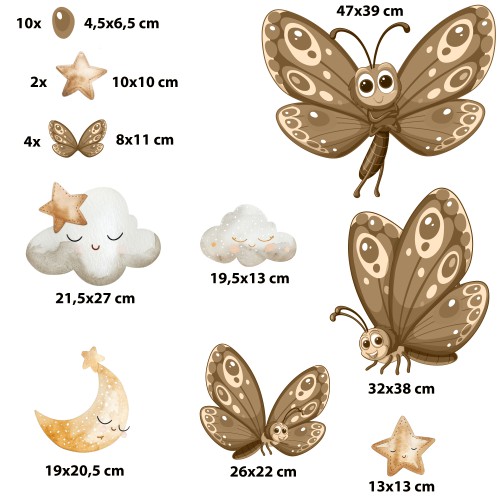 Bajkowe naklejki na ścianę – motylki, chmurki i księżyc | Przytulna dekoracja do pokoju malucha | Ozdoby w brązie i beżu do wnętrz boho T42068 - zdjęcie 2