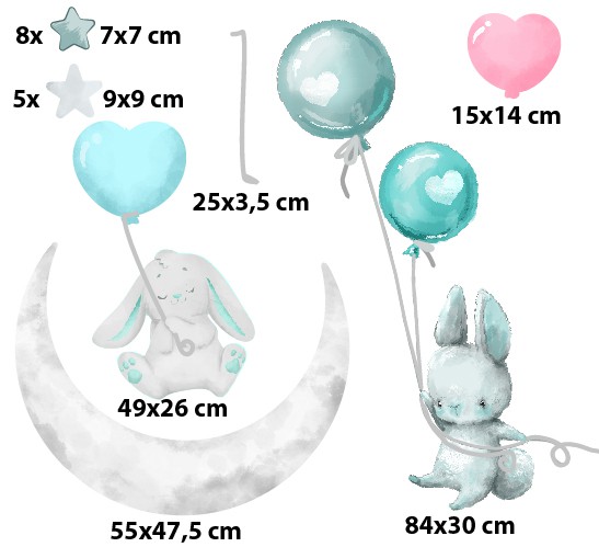 Naklejka ścienna – króliczki z balonami i księżyc, pastelowa ozdoba do przedszkola, sali zabaw T42037 - zdjęcie 2