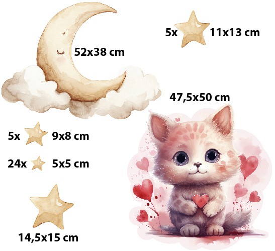 Piękne Naklejki dziecięce- Księżyc, Gwiazdki i różowy Kotek | Przytulna dekoracja do pokoju niemowlaka T42059 - zdjęcie 4