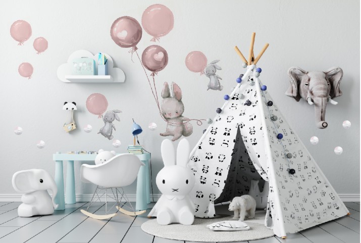 Naklejka na Ścianę do Pokoju Dziecka – Króliczki, Balony i Pastelowe Kropki | Śliczna Dekoracja do Żłobka, Przedszkola T42043 - zdjęcie 4
