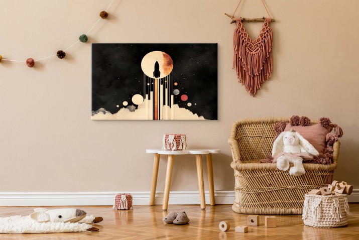 Kosmiczna Podróż – Obraz na Płótnie z Rakietą i Planetami |  Minimalistyczna Sztuka Sci-Fi 81538 - zdjęcie 3