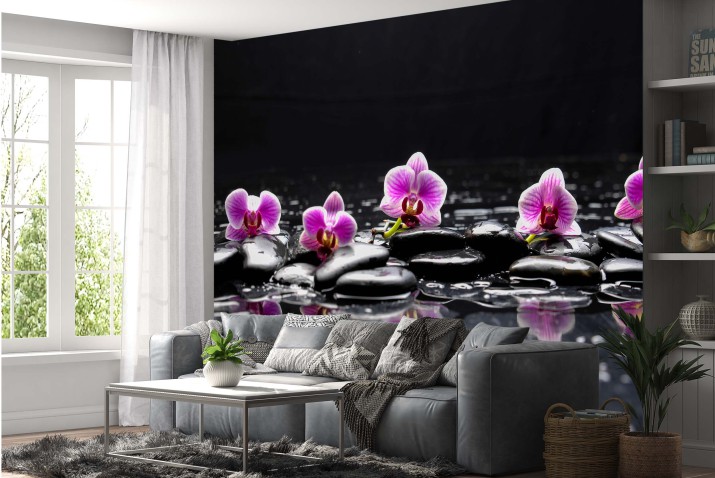 Fototapeta martwa natura z czarnym kamieniem i pięcioma orchideami 81413