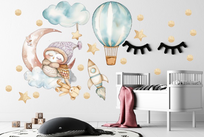 Akwarelowa Ozdoba dla dziecka- Sówka, balon i rakieta | Pastelowe Naklejki do pokoju niemowlaka w stylu skandynawskim, boho T42062 - zdjęcie 4