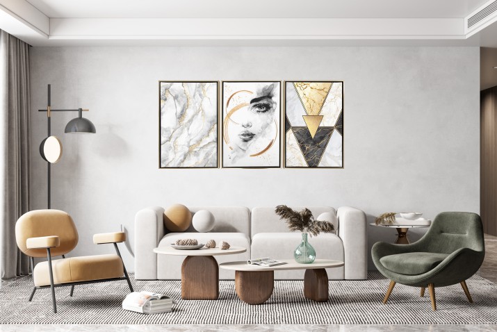 WYPRZEDAŻ 64x140 Obrazy w Ramie American Box Złota | Elegancki Tryptyk na płótnie – Abstrakcja, Portret w złocie  | Dekoracja w stylu Glamour R20345 - zdjęcie 4
