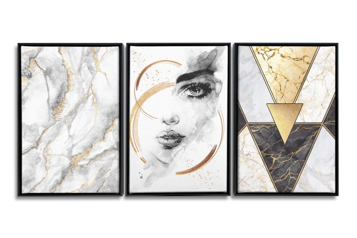 Obrazy w Ramie American Box | Elegancki Tryptyk na płótnie – Abstrakcja, Portret w złocie  | Dekoracja w stylu Glamour R20345 - zdjęcie 3