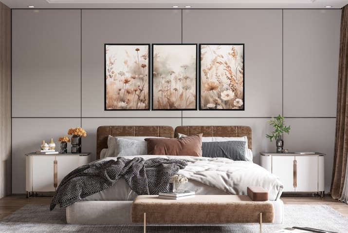 Obrazy w Ramie American Box | Tryptyk na płótnie- akwarelowa łąka | Subtelna, naturalna dekoracja ścienna do wnętrz boho, rustykalnych R20877 - zdjęcie 9