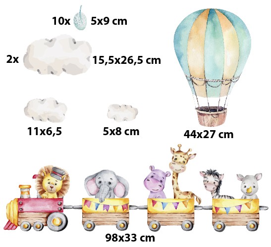 Dziecięce Naklejki na Ścianę – Wesoła Kolejka Safari – Lew, Słonik, Hipopotam, Żyrafa, Zebra i Nosorożec | Zwierzątka w Pociągu T42048 - zdjęcie 2