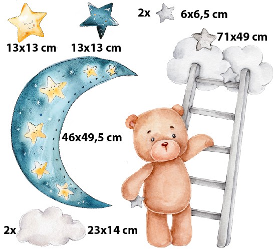 Naklejki Dziecięce– Śpiące Gwiazdki i Pluszowy Miś | Bajkowy Księżyc i Chmurki | Piękna Naklejka do Pokoju Niemowlaka T42051 - zdjęcie 2