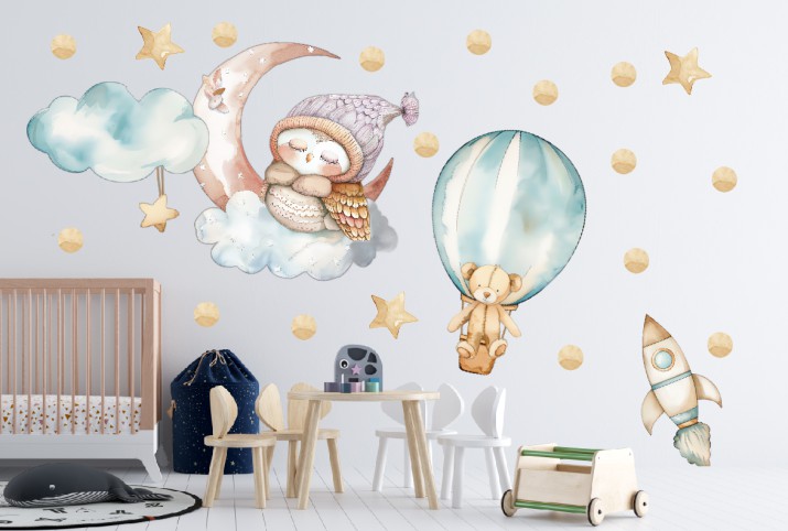 Akwarelowa Ozdoba dla dziecka- Sówka, balon i rakieta | Pastelowe Naklejki do pokoju niemowlaka w stylu skandynawskim, boho T42062