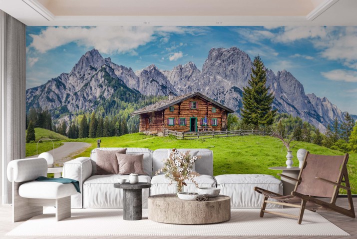fototapeta Fototapeta Idylliczny krajobraz w Alpach z górskim schroniskiem i zielonymi łąkami 81446