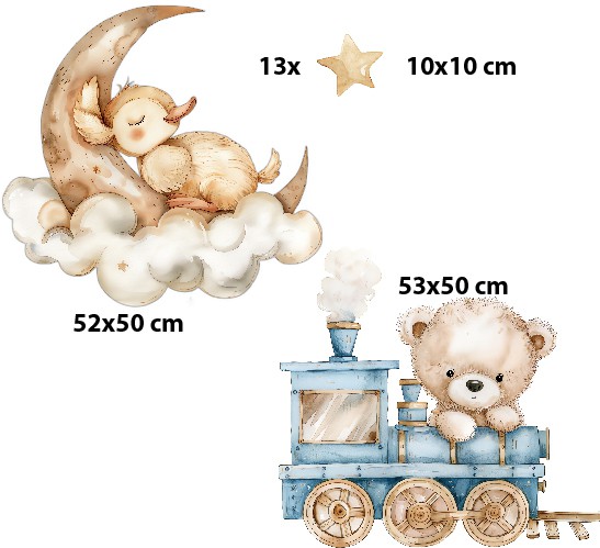 Beżowe Naklejki na ścianę- Miś w pociągu i śpiąca kaczuszka | Dziecięce obrazki do pokoju niemowlaka T42060 - zdjęcie 2