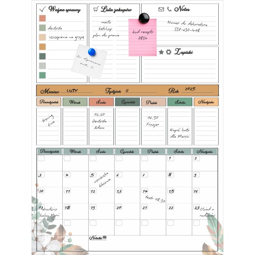 Samoprzylepny Planer ścienny | Tablica magnetyczna suchościeralna | Kalendarz, Harmonogram na ścianę + Notes Lista zakupów i Pisak S4615 - zdjęcie 2