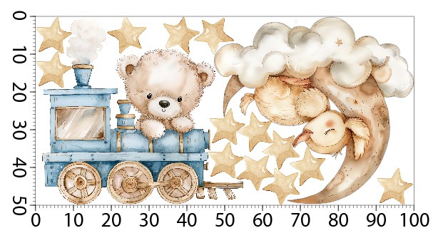 Beżowe Naklejki na ścianę- Miś w pociągu i śpiąca kaczuszka | Dziecięce obrazki do pokoju niemowlaka T42060 - zdjęcie 3