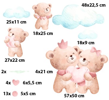 Dekoracja dziecięca – misie z serduszkami i chmurkami | Naklejka do pokoju niemowlaka- Urocza rodzina misiów w pastelowych kolorach T42023 - zdjęcie 2
