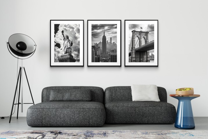 Elegancki zestaw plakatów Nowy Jork – Statua Wolności, Empire State Building, Brooklyn Bridge – czarno-biała dekoracja do salonu, sypialni, biura 94098 - zdjęcie 6